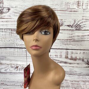 Bio Tapered Wig F2315 Dark Brown Highlights Swoop Heat Safe Adjustable Synthetic